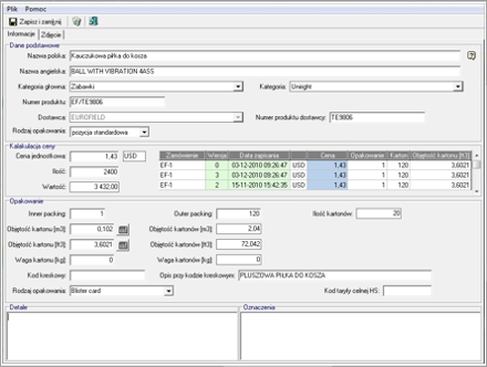 Manager Importu - Pozycja asortymentowa zamówienia
