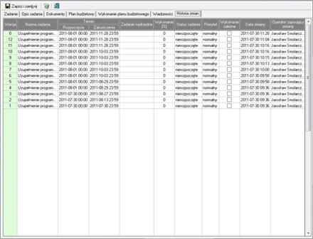 Manager Projektów - Historia zmian parametrów zadania